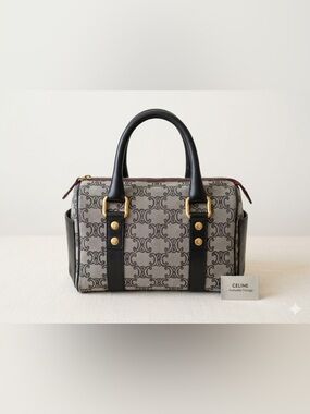 Vintage Celine Boston Triomphe Monogram Coated Canvas With Black Leather Trim